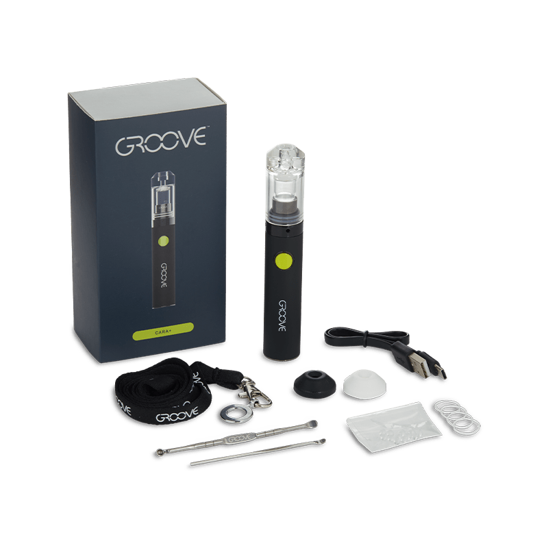 User holding the Groove CARA+ vaporizer with a focus on adjustable voltage settings