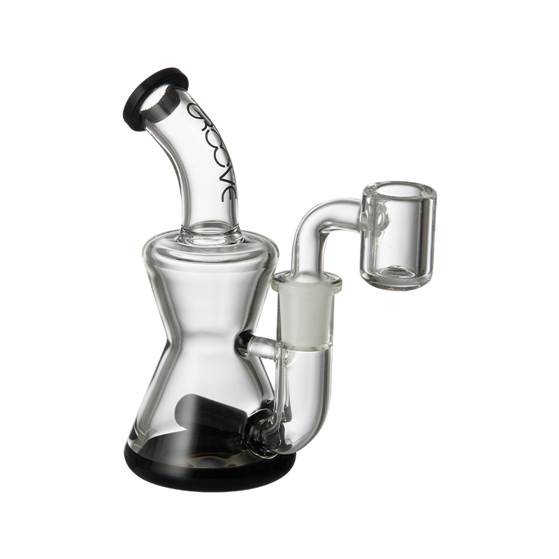 Close-up of the Groove Mini Hourglass Glass Rig showing black accents and clear glass body