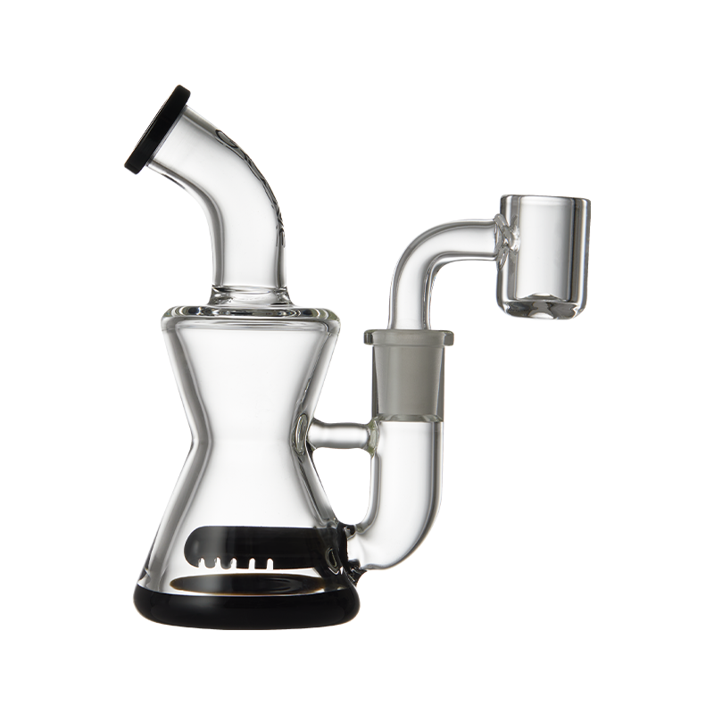Close-up of the Groove Mini Hourglass Glass Rig showing black accents and clear glass body