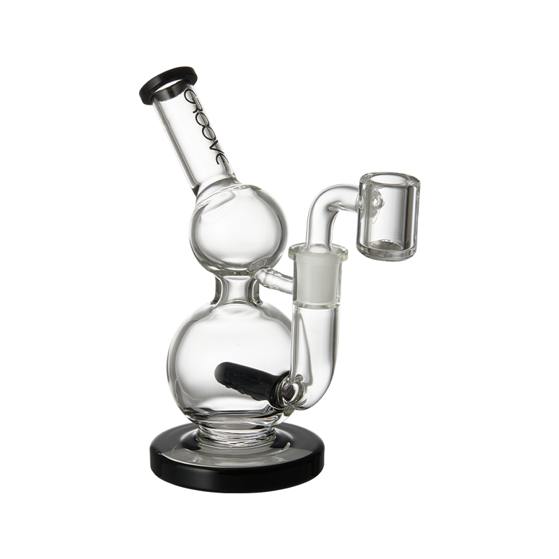 Side view of the Groove Mini Round Concentrate Rig showcasing clear glass and black accents.