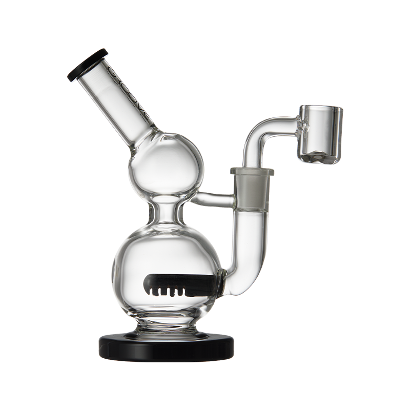 Side view of the Groove Mini Round Concentrate Rig showcasing clear glass and black accents.