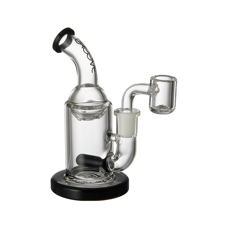 Side view of Groove Mini Glass Rig with clear glass and black accents, designed for smooth hits.