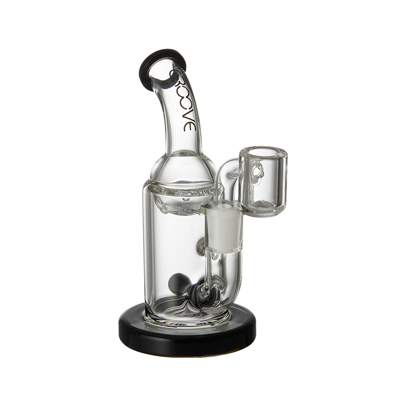 Side view of Groove Mini Glass Rig with clear glass and black accents, designed for smooth hits.