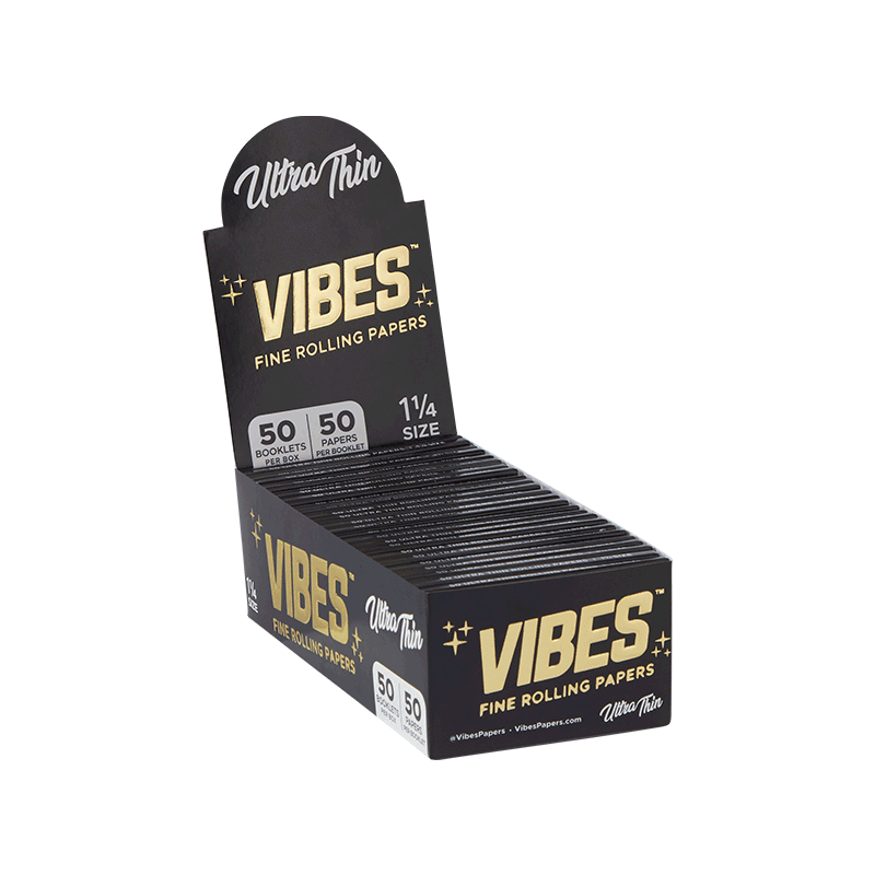 Vibes 1.25 rolling papers showing their thin, clean-burning sheets for smooth flavor.