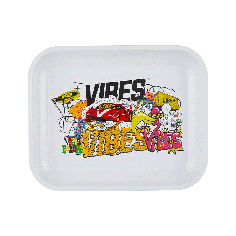 Top view of VIBES tray with raised edges and full rolling kit setup