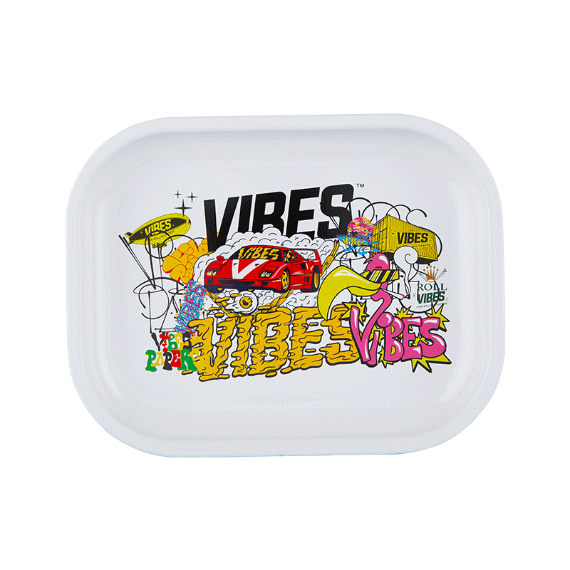 Lifestyle shot: VIBES full set tray used as a rolling tray on kitchen counter