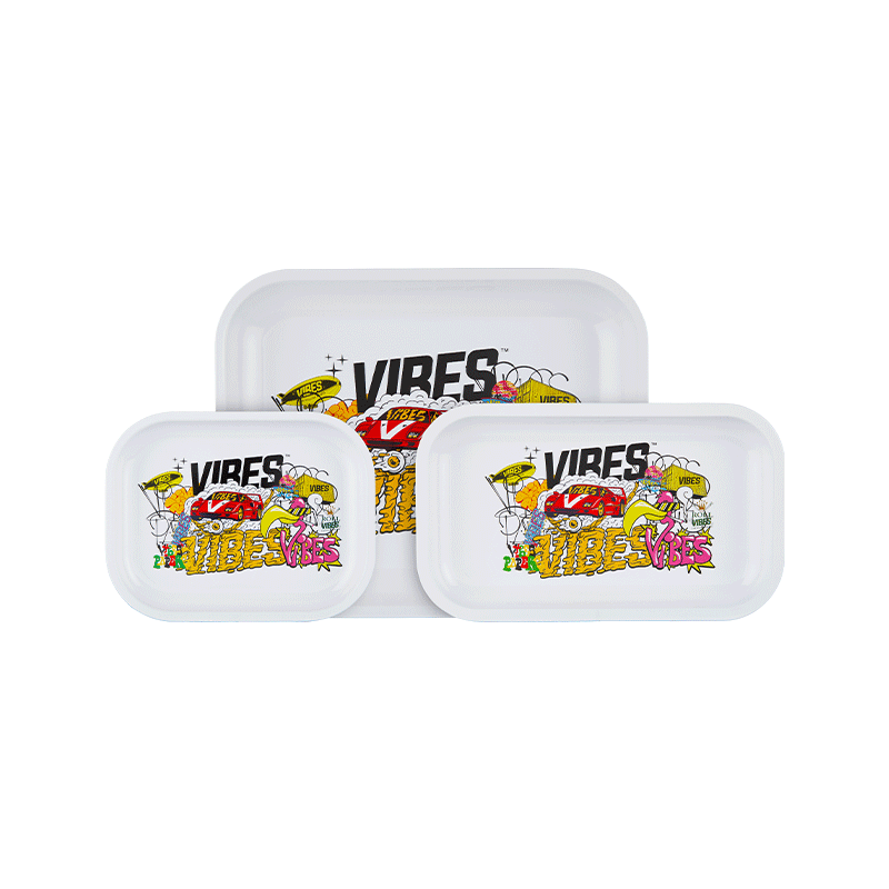 Top view of VIBES tray with raised edges and full rolling kit setup