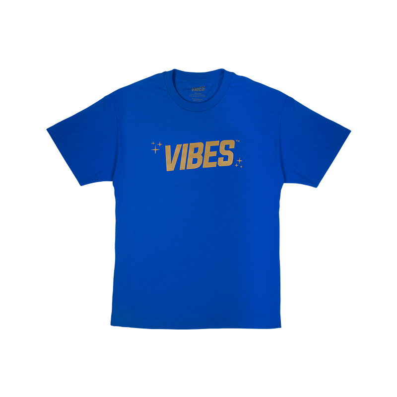 Close-up of blue t-shirt with gold logo on chest for casual style