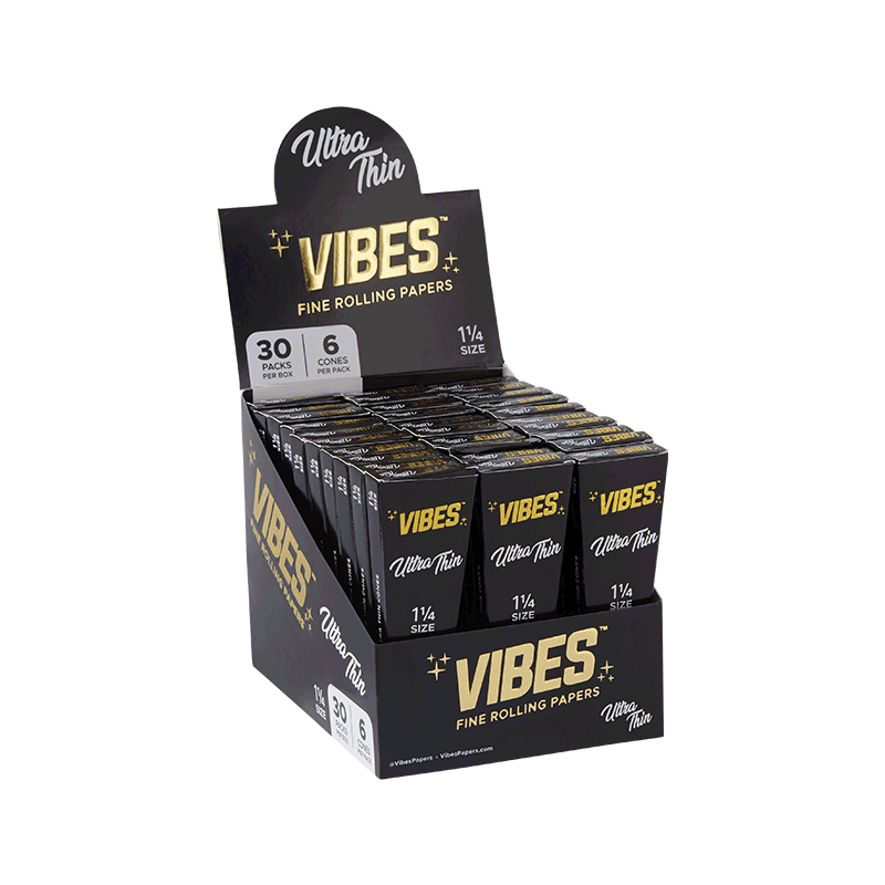 Vibes 1.25 pre-rolled cones displayed in a box, showcasing packaging design.