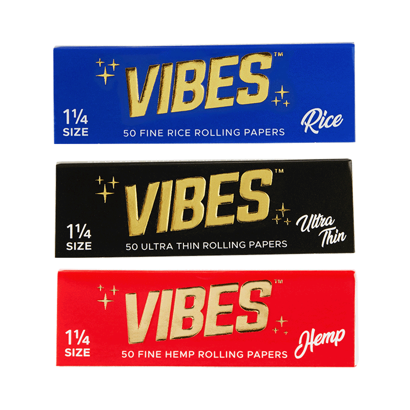 Open booklet of Vibes Organic Hemp Rolling Papers displaying the 50 premium papers.