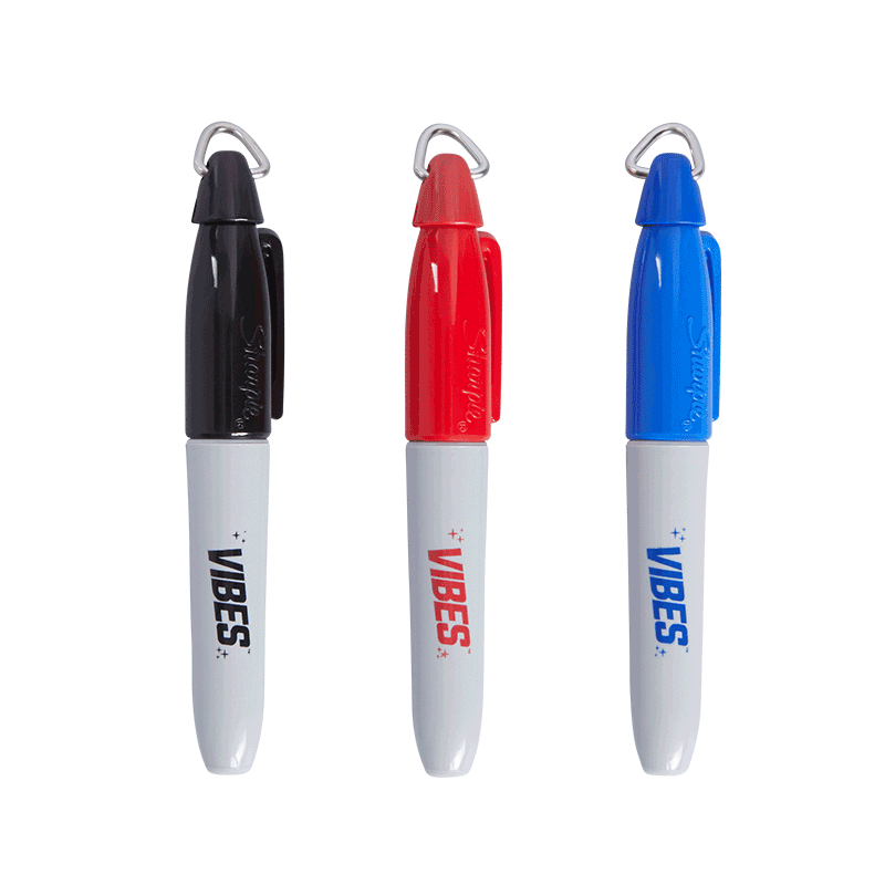 Vibrant mini Sharpie markers in black, blue, and red, perfect for writing and crafts.