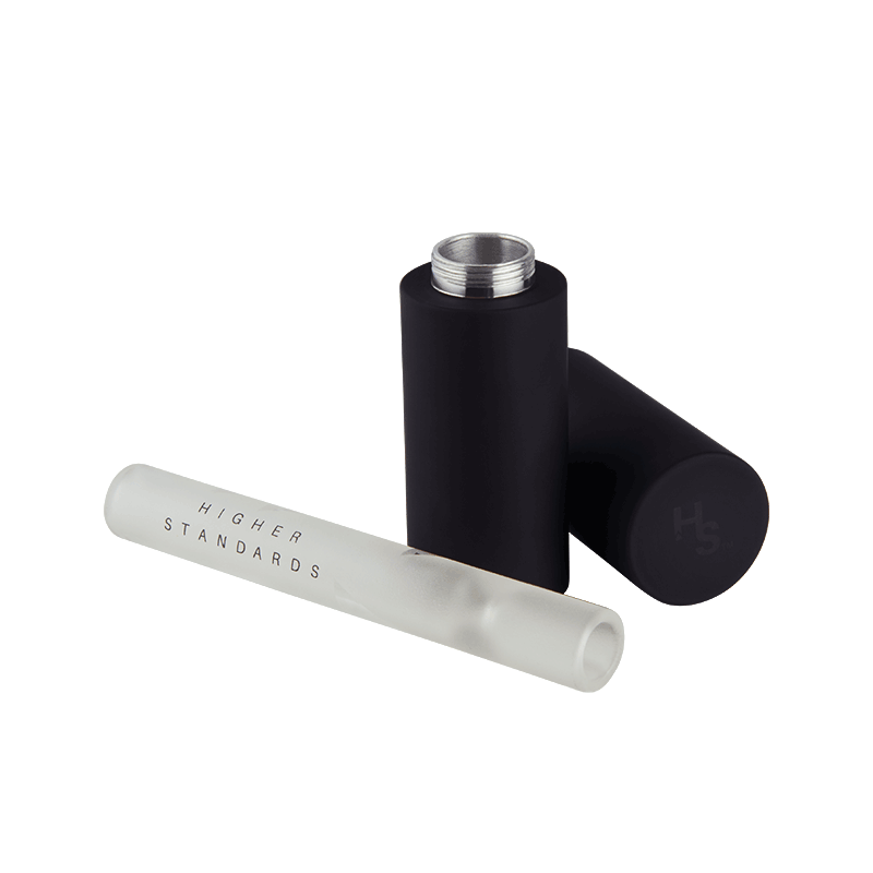 Portable pipe stand holding a glass chillum, showing stability and sleek design