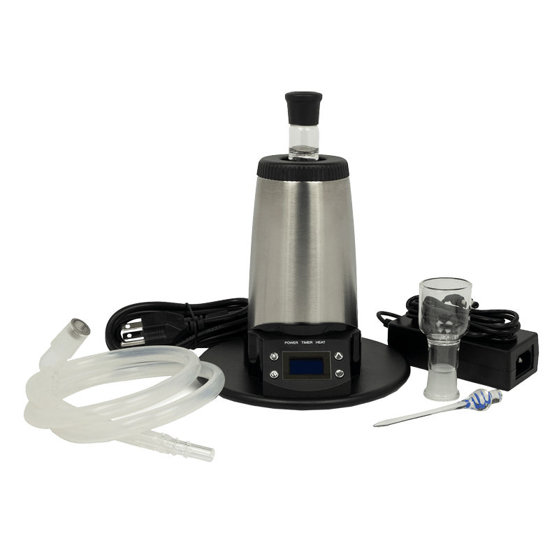 Arizer V-Tower connected to a water pipe with included adapter