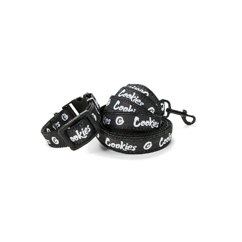 Black nylon dog collar with Cookies branding and adjustable fit for small dogs