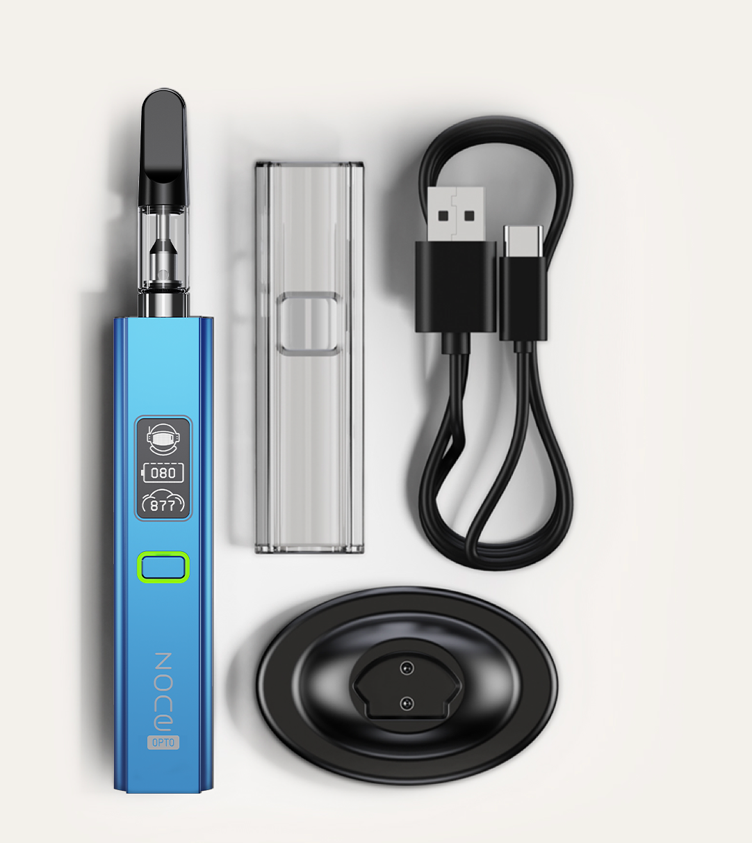 VapeTech Zone Opto 510 in use with cartridge inserted and glowing OLED screen