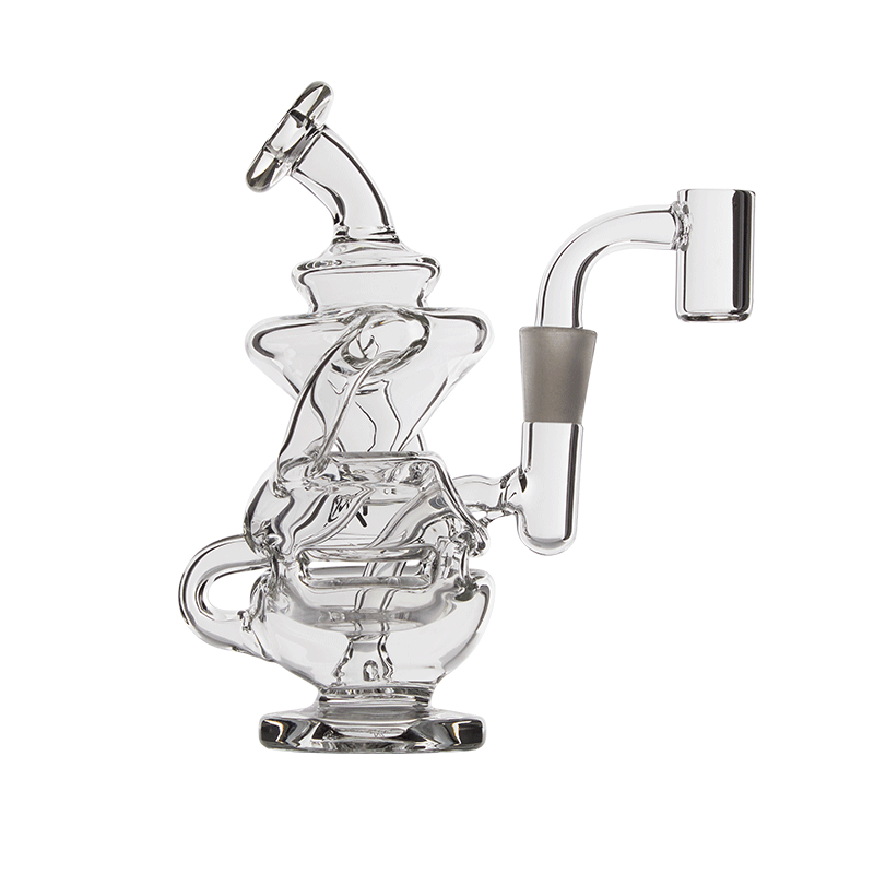 MJ Arsenal Infinity Recycler Mini Dab Rig viewed from the side, showcasing its compact design and glass quality.