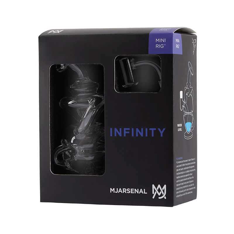 MJ Arsenal Infinity Recycler Mini Dab Rig viewed from the side, showcasing its compact design and glass quality.