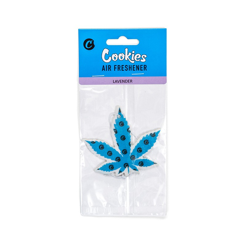 Cookies C-Bite Leaf air freshener in a car's rearview mirror, exuding a lavender aroma.