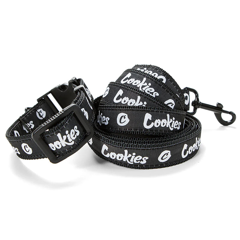 Black nylon dog collar with Cookies branding and adjustable fit for small dogs