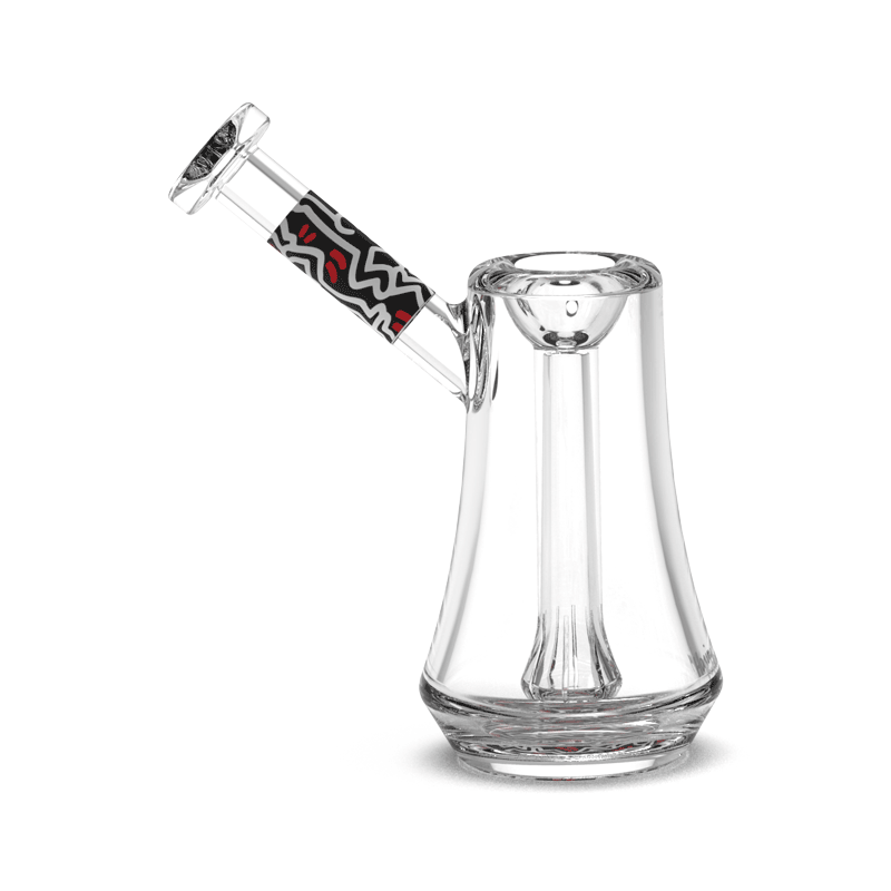 In-use shot of smoking bubbler with clear water chamber and artistic design