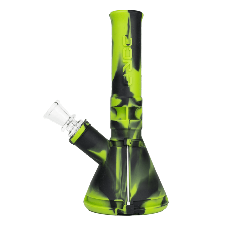 A close-up of the Pocket-Friendly Silicone Beaker Pipe highlighting its ergonomic design and borosilicate glass bowl.