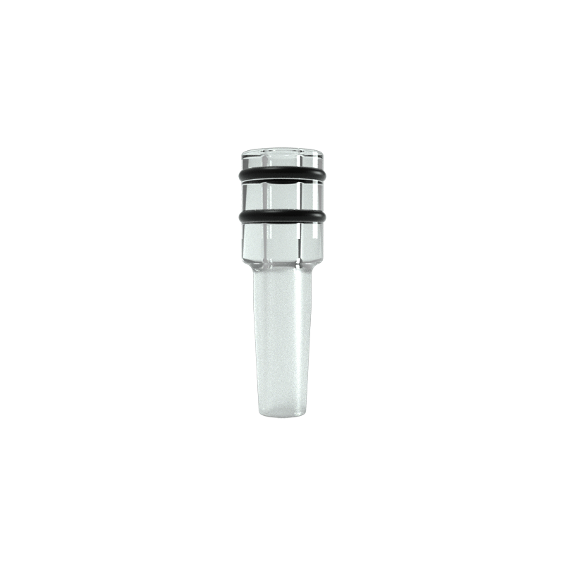 Top-down angle of the male glass adapter showing thickness, clear glass quality, and universal connector.