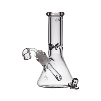 Close-up of the Premium Mini Beaker Bong showcasing its borosilicate glass craftsmanship.