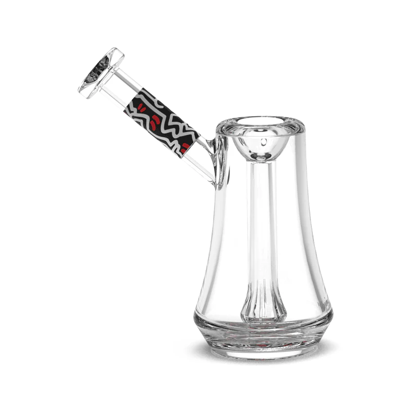 Side view of durable glass bubbler showing flared bottom and artist design