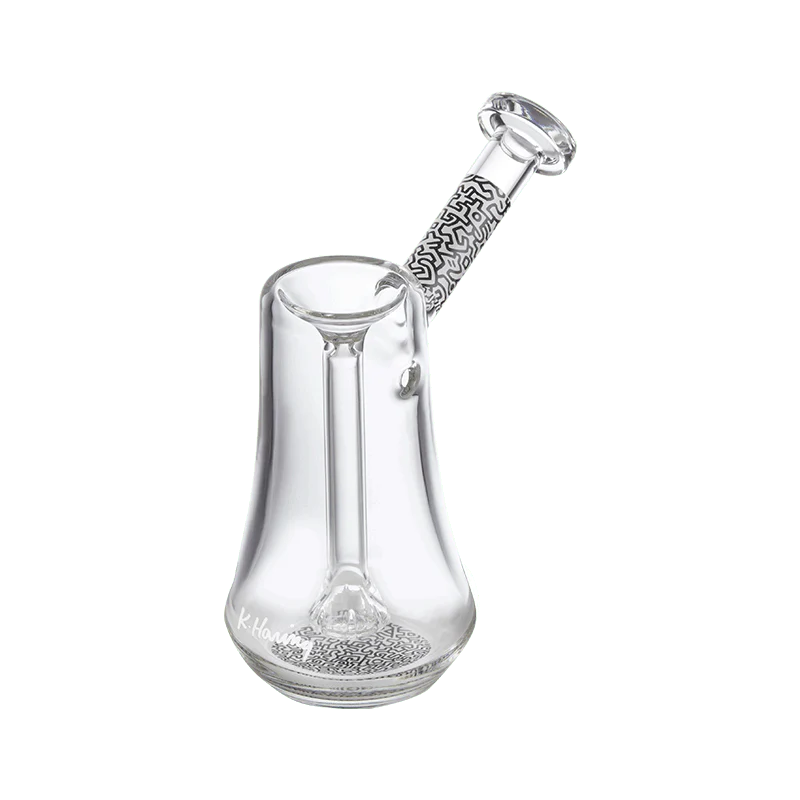 In-use shot of smoking bubbler with clear water chamber and artistic design