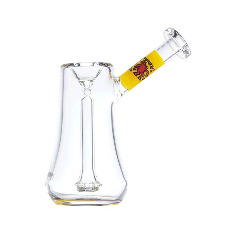 Close-up of Keith Haring-inspired glass bubbler with detailed artwork and percolator