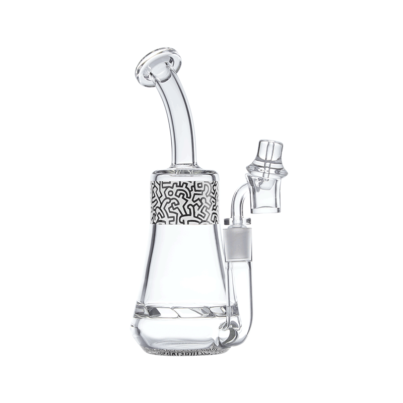 Artistic Haring Glass Rig showcasing unique bong designs with art, highlighting its vibrant colors and turbine percolator.