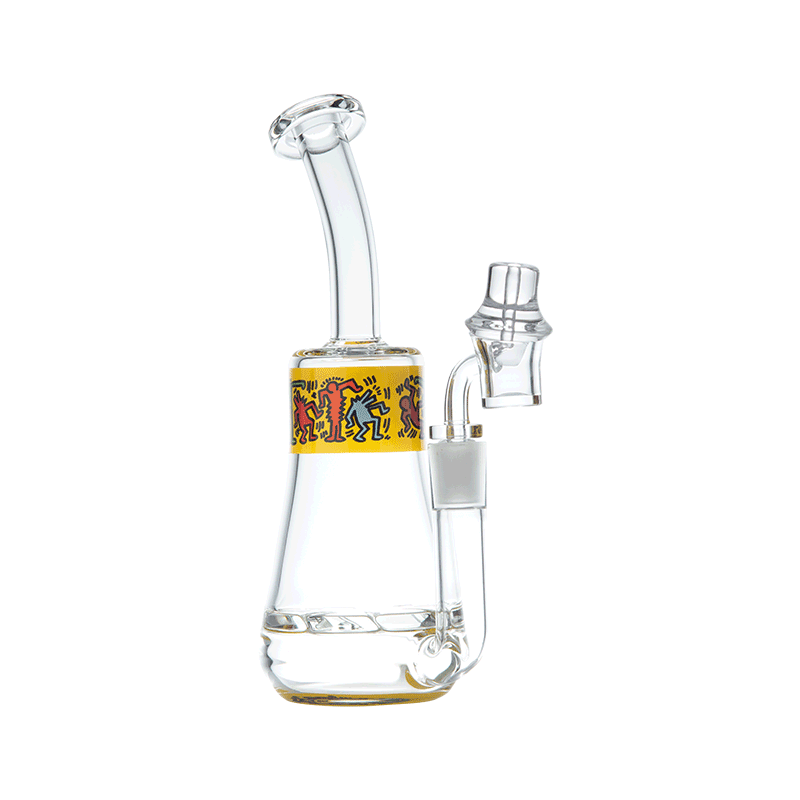 Artistic Haring Glass Rig showcasing unique bong designs with art, highlighting its vibrant colors and turbine percolator.