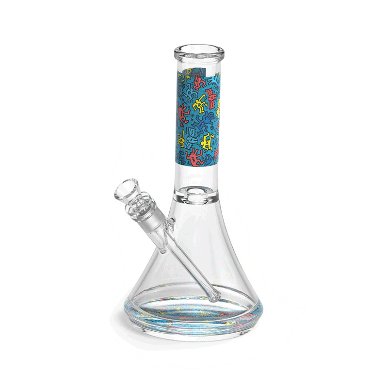 K. Haring Glass Water Pipe showcasing vibrant art and durable design for dry herbs.