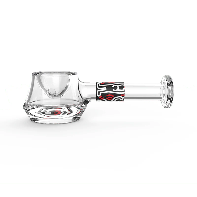 Keith Haring artistic glass spoon pipe showcasing vibrant colors and design from the side.