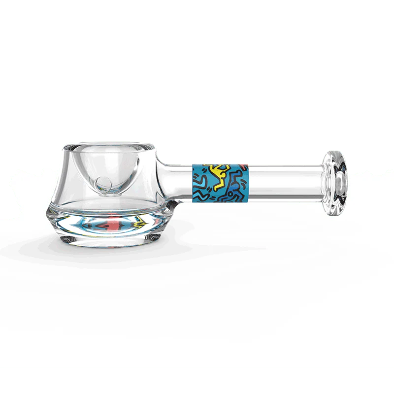 Top view of the Keith Haring glass pipe highlighting its unique shape and artistic features.
