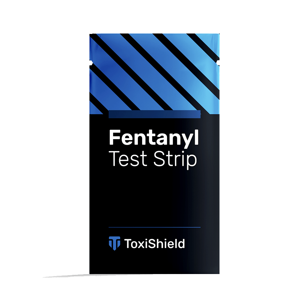 Close-up of fentanyl test strip dipping into testing solution