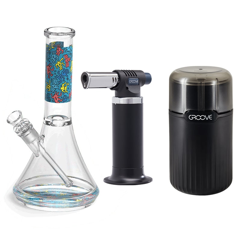 K. Haring Glass Water Pipe showcasing vibrant art and durable design for dry herbs.