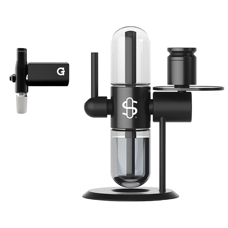 G Pen Connect e-rig showcased with a water pipe featuring cooling vapor.