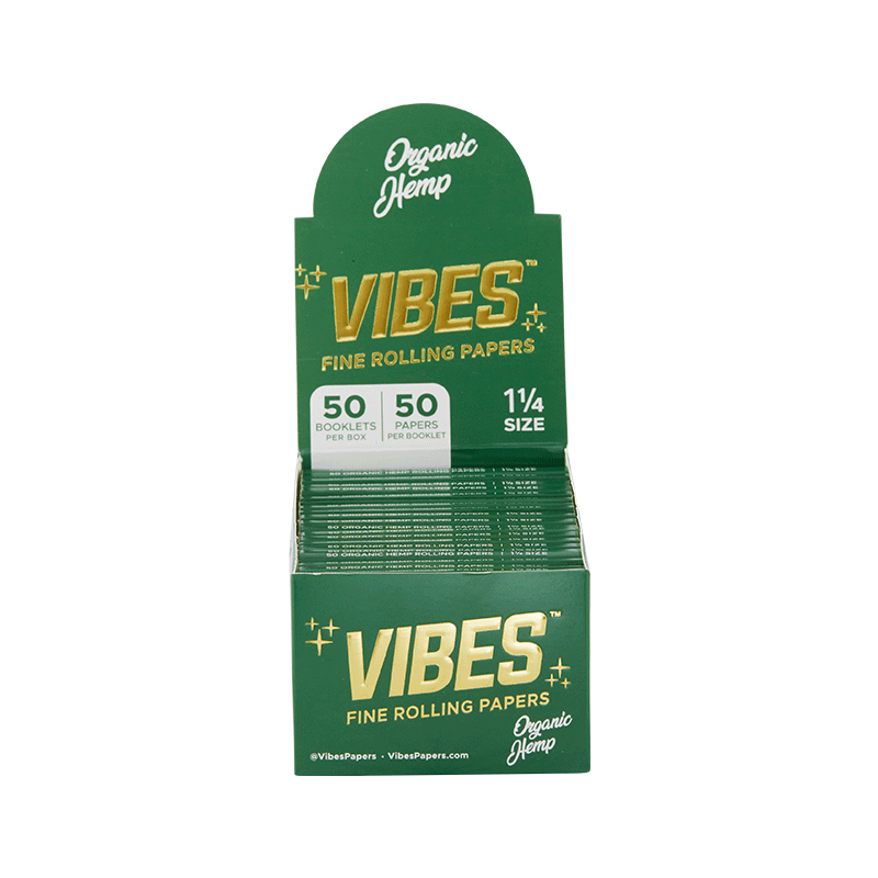 Vibes 1.25 rolling papers showing their thin, clean-burning sheets for smooth flavor.