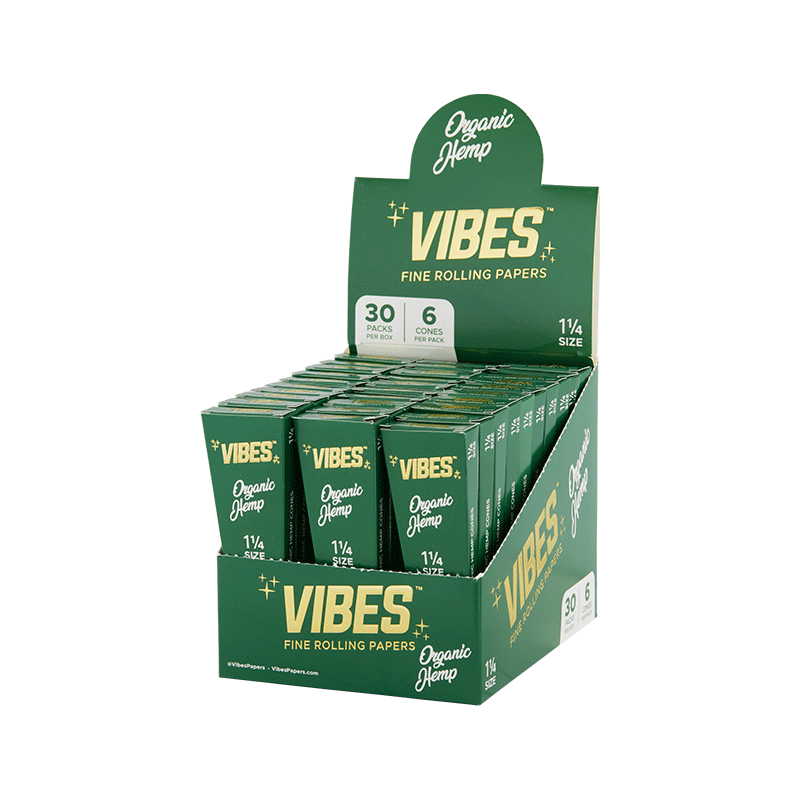 Vibes 1.25 pre-rolled cones displayed in a box, showcasing packaging design.