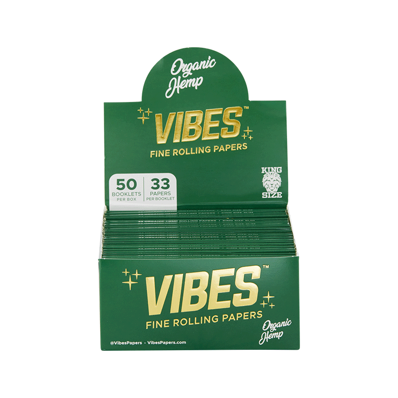 Close-up of Vibes Premium King Size Slim Rolling Papers highlighting their slim design and packaging.
