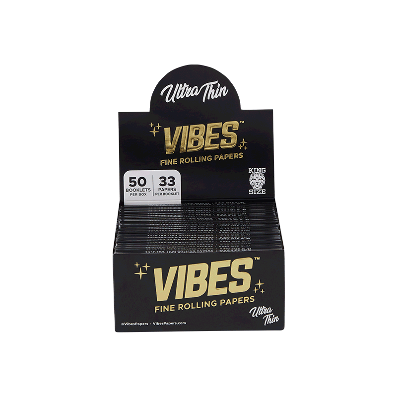 Close-up of Vibes Premium King Size Slim Rolling Papers highlighting their slim design and packaging.