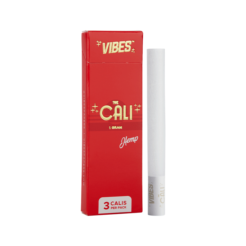 Vibes Cali single pack displayed with herbal wraps and smoking supplies