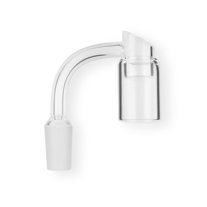 Side view of Hyer 14mm male quartz banger attached to a smoking rig