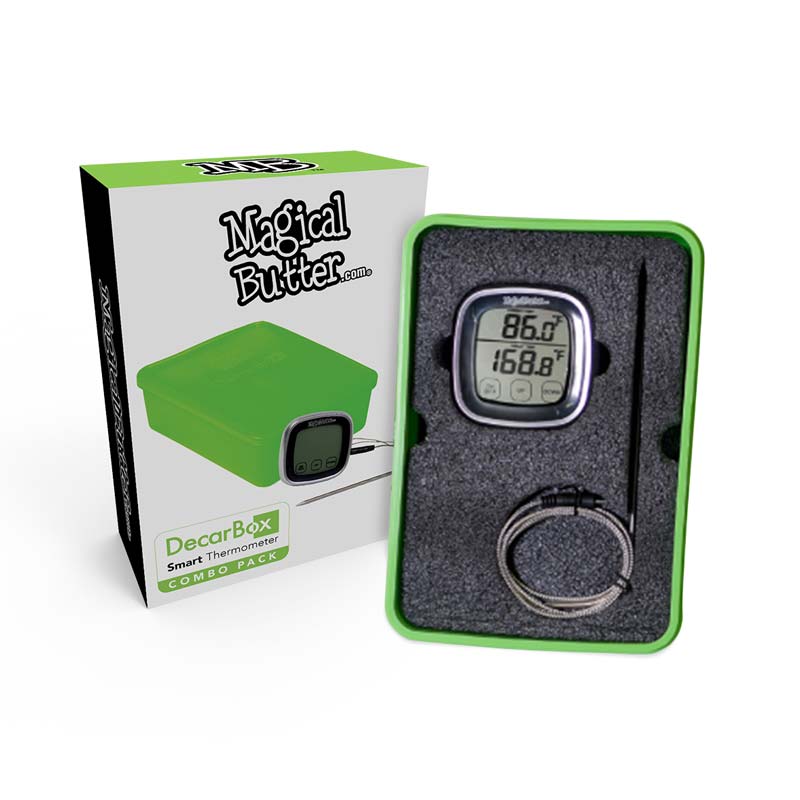 DecarbBox Pro thermometer in use while decarboxylating cannabis