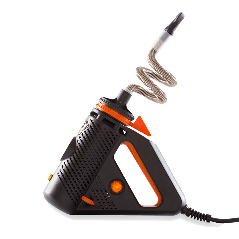 Plenty vaporizer with stainless steel cooling coil viewed from the side, highlighting its unique design for high-quality vapor.