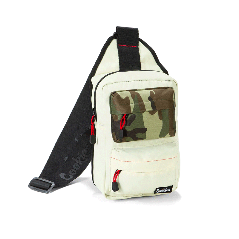 Discreet over the shoulder travel bag with smell-proof design, showing adjustable strap and multiple compartments