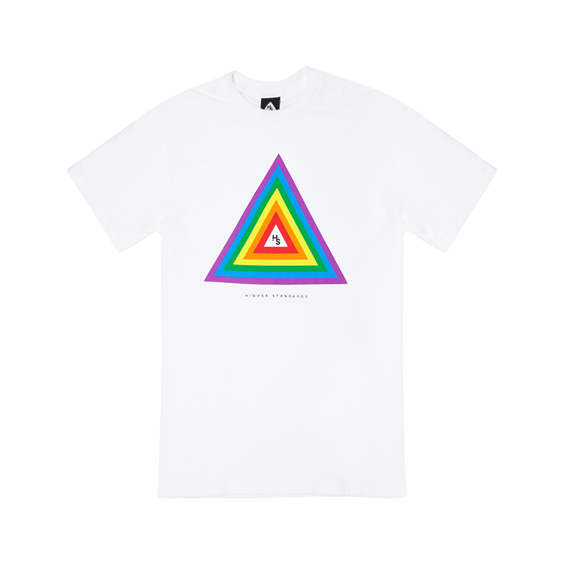 Front view of the Higher Standards Pride Concentric Triangle Tee showing the logo design