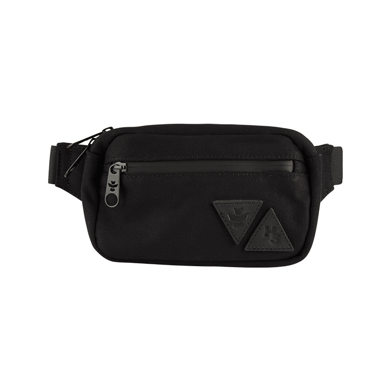 Close-up of the stylish leather travel pouch showing water-resistant exterior and zipper
