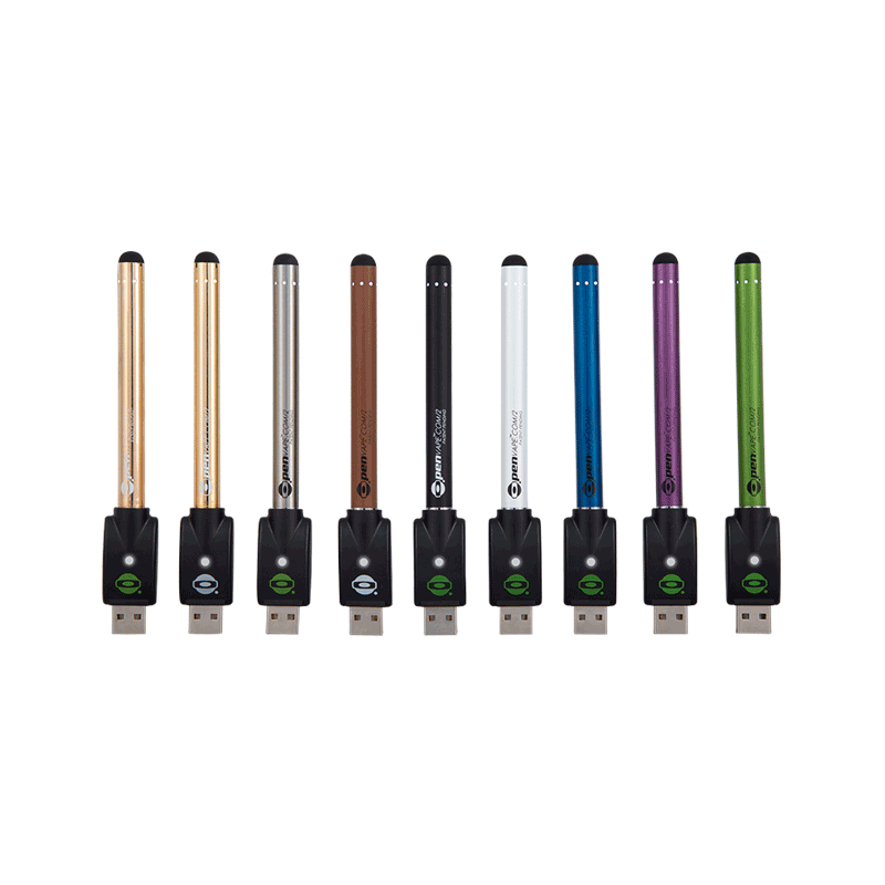 Close-up of O.pen FlexCharge 2.0 vape battery showing voltage control button and sleek design